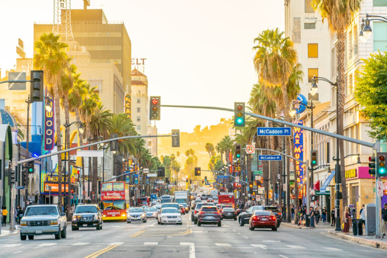 LOS ANGELES, USA - OCTOBER 19, 2019 : View of world famous Hollywood Boulevard district in Los Angeles, California, USA at sunset. place ads in southern California